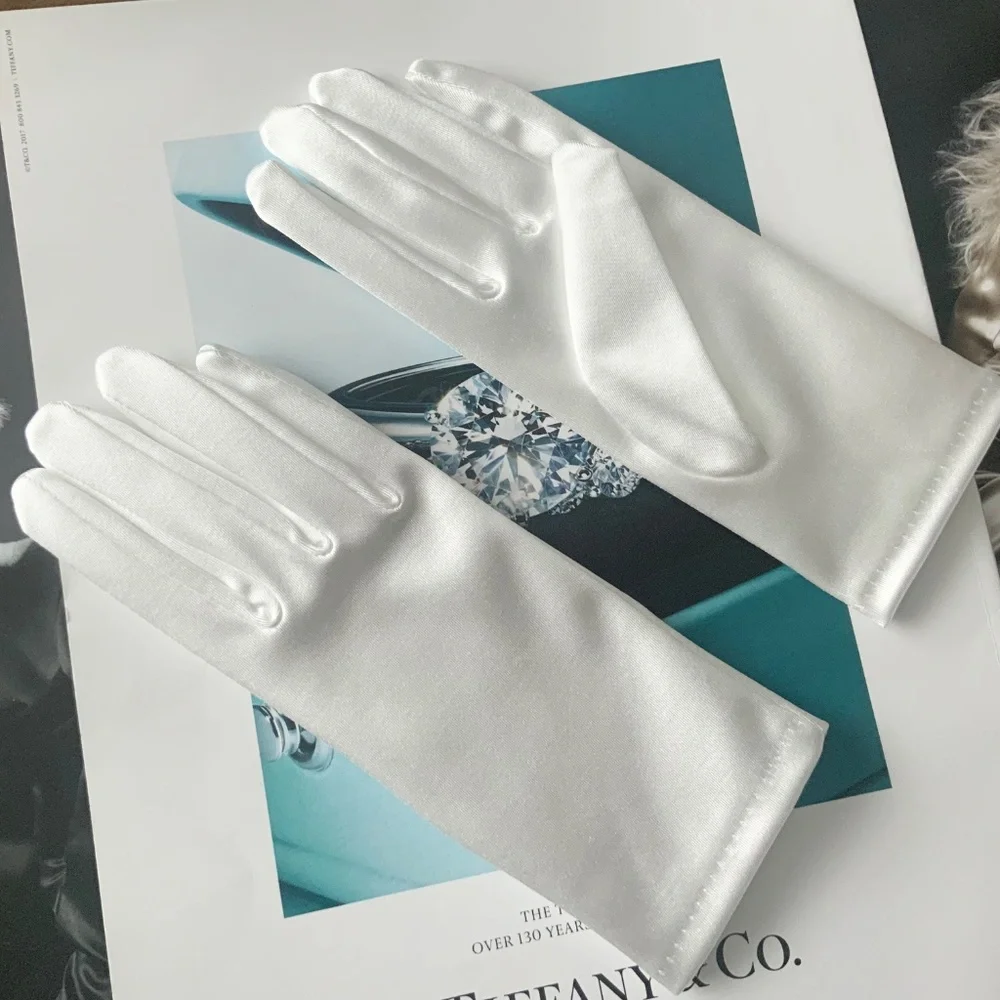Luxury White Satin Short Gloves Wrist Length Wedding Gloves Bride Accessory Gift